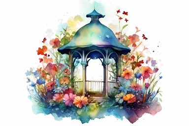An enchanting watercolor clipart showcasing a whimsical gazebo in a fantasy realm, where ethereal beings gather and colorful flowers bloom, viewed from a fantastical perspective, hd, spaced out, on a white background