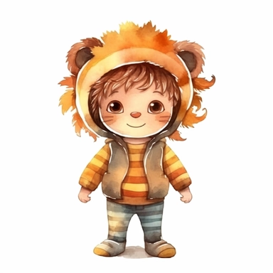 cute kid wearing Lion costumes and with happy face,front facing on isolated background,with happy face and expression,Animal Sublimation Clipart,no splash watercolor,white background, ultra detailed clipart, cut out image, colorful watercolor realistic, cartoon style, ultra HD, sharp and clean art