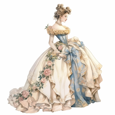 vintage style Detailed light and shadow, 2D outline, A beautifully patterned neo rococo Victorian baroque hyper realistic french court bow-adorned woman in 18th-centrury white gown in varying hues of pale pink, blue and yellow, stunningly beautiful, refined and sophisticated, Hand drawn, cicely mary barker ,realistic watercolor, Clipart, emotionally pleasing watercolor, i can't believe how beatiful this is,accurate detailed line art, white background, intricate detail, clean line art, saturated 