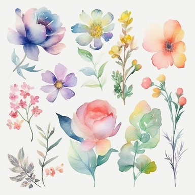 6 watercolor fancy spring clipart, isolated on white background,space out--ar3:2--s1000