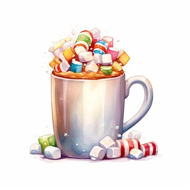 christmas themed coffee mug with foam and white marshmallows on the top, watercolor clipart, attention to detail