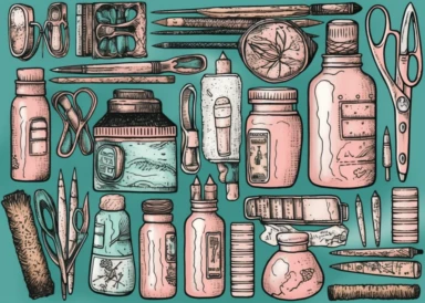 pink nurse supplies clipart, in the style of dark teal and brown, caffenol developing, loose linework, aquarellist, progressive academia, happenings, berrypunk
