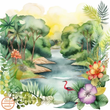 Design a watercolor jungle river clipart scene, with a winding river flowing through a lush tropical landscape filled with vibrant flowers and foliage on a white background. This adventurous design can be used to enhance various clipart elements or as a standalone decoration for exploration or nature-themed projects.