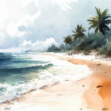 clipart a beautiful beach on white background, watercolor painting style, hand painted, dry on dry, realistic, texture, vibrant color, shadow, clear outlines, white background, few detail, 4K, high quality, studio Ghibli, Samuel Melton Fisher