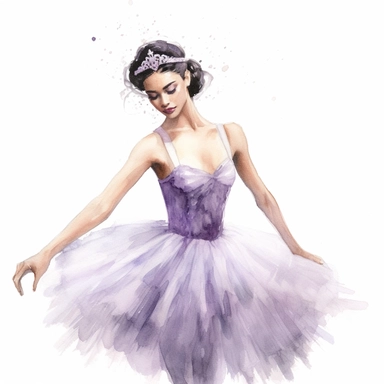 make a clipart of a beautiful photorealistic ballerina in a lavender jeweled tutu, give her black hair with a jeweled crown, use pastel colors, watercolor style, white background