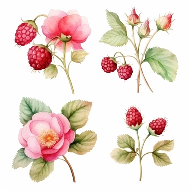 watercolor A clip art 4 set of images featuring a rustic bouquet of roses with raspberries isolated white background, minimalist, 8K