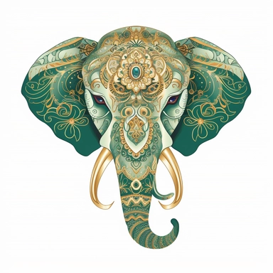 Flat illustration, Delicate embroidery depicts the head of traditional Chinese elephant head dance, with green and gold as the main colors, bright lighting, unimaginable details, a lot of negative white space, uhd, 16k,white background, clipart
