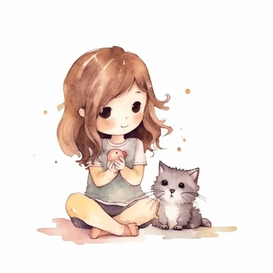 watercolor minimal hand draw doodle cat play with girl children cartoon illustration clipart sublimation, white background for removing background