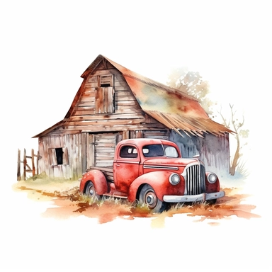 watercolor rustic farm barn with abandoned car clipart, white background