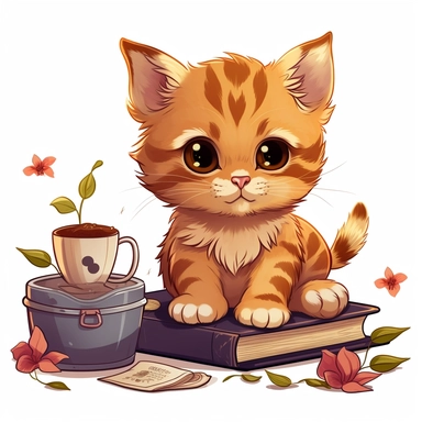 Clipart of a charming kitten engrossed in a story, Hand Drawn Back To School Clip Art, white background