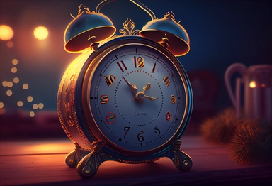 Digital art illustration of alarm clock showing time around midnight, countdown before New Year begins. Merry Christmas and Happy New Year greeting card design. Graphic clip art design for web, print , .highly detailed, + cinematic shot + photo taken by sony + incredibly detailed, sharpen details + highly realistic + professional photography lighting + lightroom + behance photography unsplash