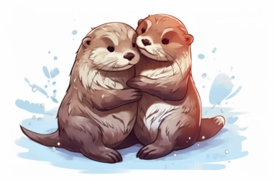 Design a heart-melting anime-style vector clipart of a parent otter cuddling with its baby otter, showcasing the strong bond and affection between them. Viewed from a tender perspective, HD, spaced out, on white background