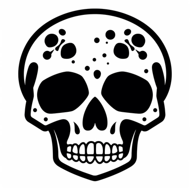 black and white silhouette of a friendly cartoon skull, clipart style, white background, thick lines, vector, simple design, flat colour, solid colour