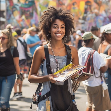 Capture a powerful and realistic photo of a young African-American woman standing in the midst of the bustling 18th and Vine Arts Festival volunteer team. She's holding a clipboard with festival plans, a walkie talkie is attached to her hip, and she's gesturing toward a futuristic art installation in progress. Her face is a mix of concentration and excitement, embodying the spirit of the Afro-Futurism theme. In the background, the diverse group of volunteers are actively participating in various