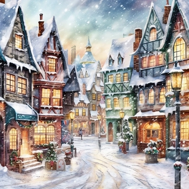 Christmas village, Clip art, magical, enchanting, wreaths, snow-covered streets, Watercolor, colorful buildings, sparkling, charming, detailed, glittery, shiny, twinkling lights, festive, ornate, traditional, whimsical, Michael Powell Style, Unreal Engine