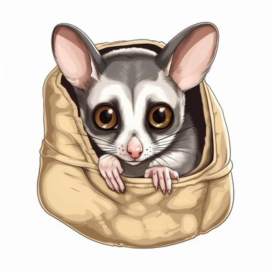 A clipart of a sugar glider peeking out from a small pouch, showcasing its large, curious eyes, all on a white background.