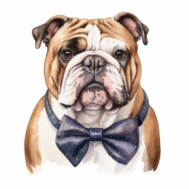 Bulldog wearing a stylish bowtie, exuding elegance and charm, white background, watercolor clipart