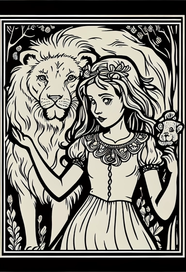 a girl taming a lion, tarot card, funny style, Katharina Madesta style, line art, coloring page for kids, printable, thin lines, no details, no shadow, crisp lines, illustration, vector, clipart