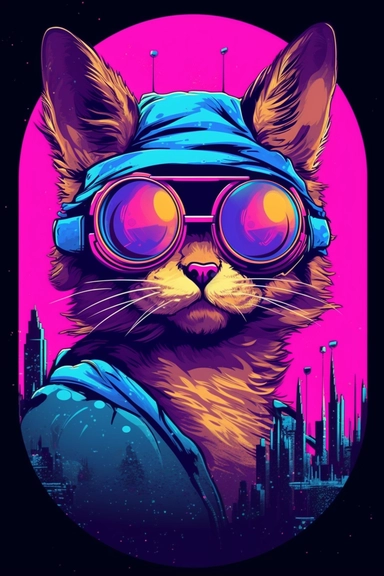 cyberpunk cat vector T shirt design, environment, road, wide view * color pen and ink, illustration, circular design, circular border, realistic, circular chape, t-shirt design tshirt design, in the style of Studio Ghibli, pastel tetradic colors, 3D vector art, cute and quirky, fantasy art, watercolor effect, bokeh, Adobe Illustrator, hand-drawn, digital painting, highly detailed clean, vector image flat white background, isometric, vector image, clipart, front view, retro style, white backgroun