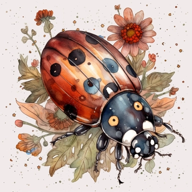 Watercolor, Tribal& Boho Forest Animals a ladybug png Full body realistic cartoon in 32K UHD cute. 15 cm thick outline. Black color. There was no shadow on the ground. 8k with realistic watercolors and detailed illustrations. PNG clipart, transparent white background