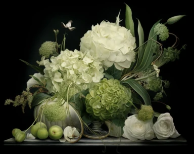 'Limelight' hydrangea bloom, chartreuse gladiolus, and 'Green ball' dianthus, mint green pastel vector clipart flowers, in the style of dark white and light emerald, victorian-inspired illustrations, detailed botanical studies, nick alm, jeannette guichard-bunel, sterling silver highlights, hand-painted details