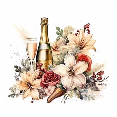 Champagne and Christmas Flowers style by Lucy Fleming, watercolor, smooth gradients, black contour outline, ultra detailed, clipart elements, delicate pastel colors, solid white background, super clear, high quality