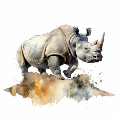 realistic watercolor rhino charging smash rocks in the mountain hills on solid white background, clipart