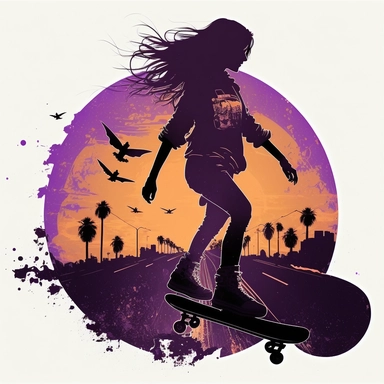 Brunette girl skateboarding in a purple sky clipart