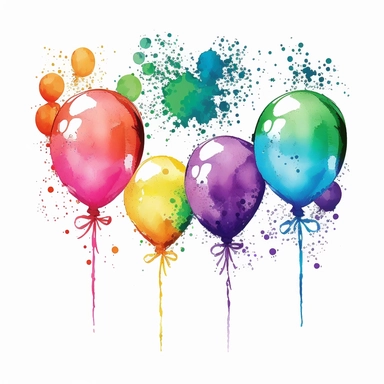 watercolor clipart of 5 colorful balloons , there are ribbon and bowknot on each balloon,vector illustration,symmetry, white background, no text, no watermark, no extra ribbon, no blurred v4
