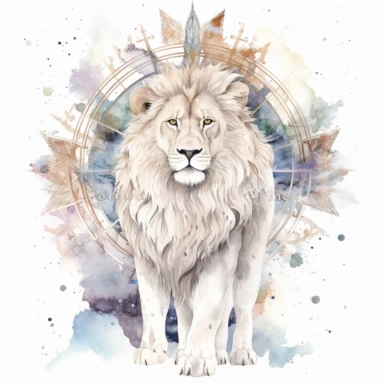 watercolor clipart of celestial white roaring lion, full body shot, sacred geometrical patterns, cosmos in background, on white background