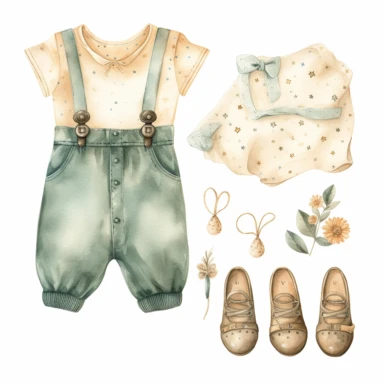 clipart, vintage, watercolor, clothing outfit for newborn baby boy and girl, hand drawn