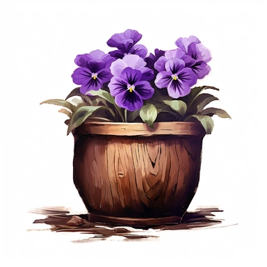 purple Flower inside a brown wood Pot Clipart in the style of oil painting, clean lines on a white background