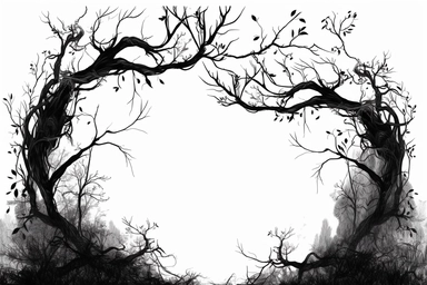 a black and white, clipart, corner frame, of illustrated, black and white, pretty and delicate, tree branches and roots