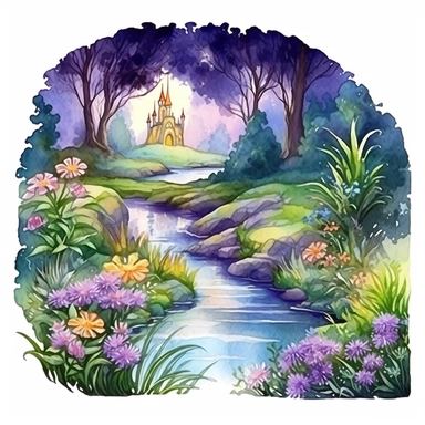 cartoon fairy glen by the River, grass and flowers line the sides if the river, glowing lights and sparkles, colors of green purple gold and blue, glamorous realistic and detailed, watercolor, white background with margins, clipart style