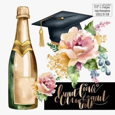 Champagne Bottle Gold Graduation Cap Watercolor College High School Graduation Clipart Flowers Graduate Gift Commercial Use Illustration PNG