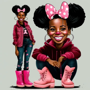 2d, beuatiful vibrant full body smiling african american adult mickey mouse woman clipart, dark brown face, pink ears, pink boots, cartoon realistic