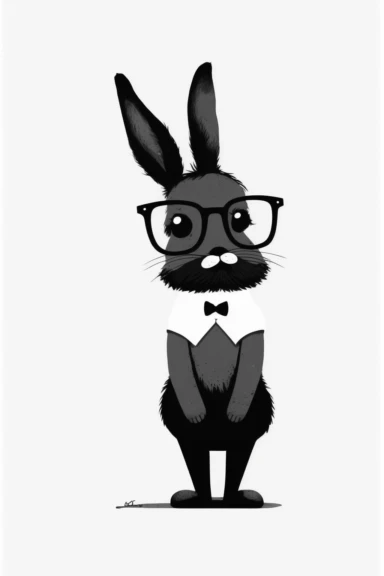 minimalistic pixar style clipart, minimalistic nordic style clipart, anthro hipster rabbit with mustache, minimalistic black and white color palette,