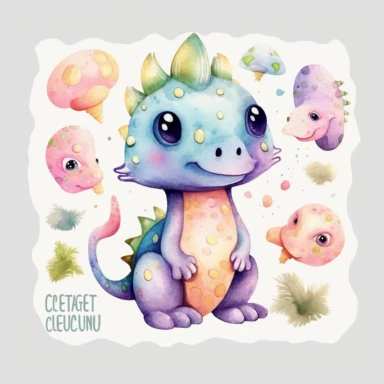 watercolor clipart of an adorable cute little dragons clipart, different lateral standing poses, beautiful tails and wings, cute cartoon mystical animal