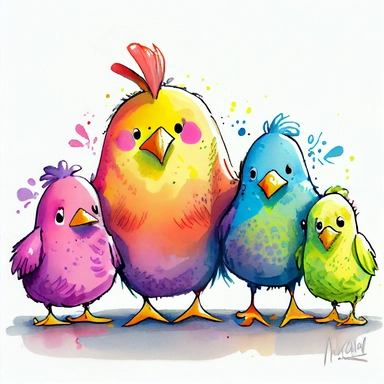 funny pink, yellow, blue, orange, and green chickens with hen mom, WITH BEAUTIFUL LEGS, like a best friend, cartoon style, white background, black outside lines, designs, white background, watercolor pencil drawing, small details, digital art, clipart, super acurate, –testp, pixar,