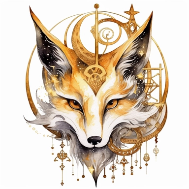 clipart watercolor creepy magical gold fox with crescent moon and stars, black white gold colors, fantasy, detailed, white background, illustration painting, collaged constructions, digital art, in the style of sculptural and geometric, forced perspective drawings, Geometric brushstrokes form an intriguingly abstract, painterly figure