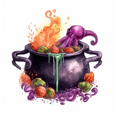 hand drawn black cauldron with bubbling potion, large bone in the cauldron, an octopus tentacle coming out of cauldron and hanging on the side, Halloween, purple orange and green shades, fantasy, glamorous, clipart style, detailed and realistic, watercolor, white background with margins