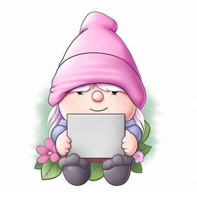 an adorable, cute clipart-style Gonk gnome illustration, perfect for Mother's Day product designs. The gnome should have a sweet, cheerful expression and wear a soft pastel-colored outfit, incorporating gentle shades of pink, lavender, and mint green to convey a warm, motherly vibe. The Gonk gnome should be holding a blank whiteboard in front of him, providing a customizable space for personalized messages or designs. Add charming details such as a floral-patterned hat and a heart-shaped pendant