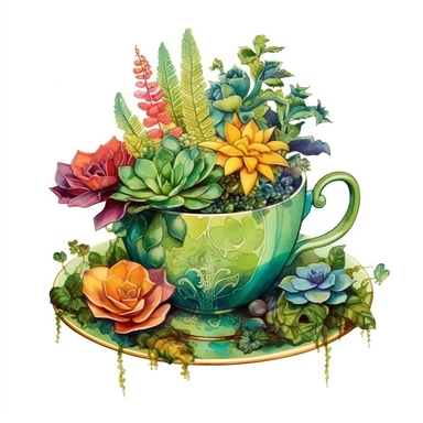 colorful tea cup garden in a green colored teacup, watercolor clipart, very detailed, Cartoon,hyper realistic, intricate detail, illustration style,high solution,on the white background