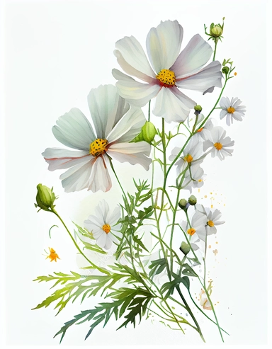 detailed vibrant watercolor white cosmos flower side corner border , isolated on white background, realistic, clipart