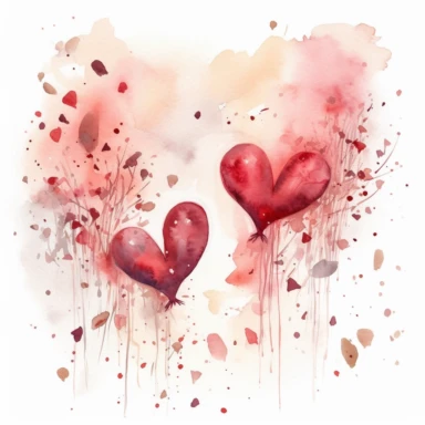 An endearing watercolor scene of love, captured on a white background. Clipart on a white Background. This illustration features two hearts that are whimsically drawn to look as if they are in mid-flight, towards each other. The hearts are painted in shades of deep red and soft pink, with delicate brush strokes that provide a hand-painted texture. Between them, a small 'kiss' is depicted in the form of two tiny lines converging - symbolic of their connection. The overall image exudes warmth and 