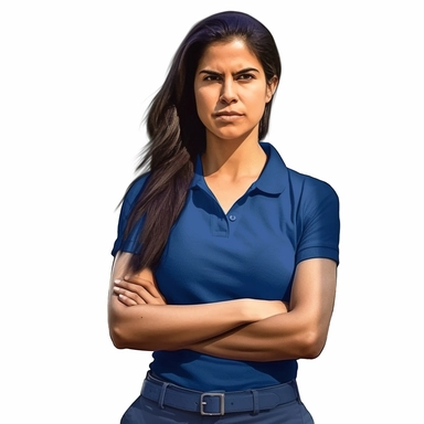 photo-realistic beautiful and angry, and physically fit Hispanic woman, age 25, wearing a royal blue polo shirt, waist level showing on white background for vector clipart
