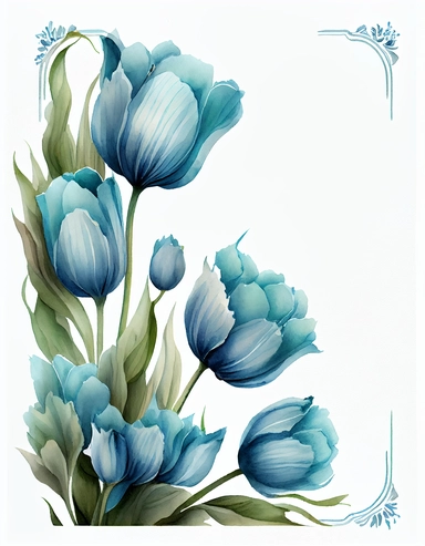 detailed watercolor blue tulip corner border , isolated on white background, realistic, clipart