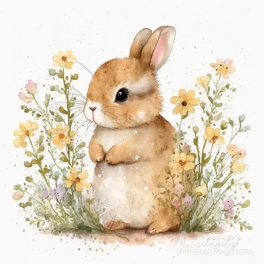 Cute Bunny with Flowers Clipart ,watercolor, magical, white background, no border--q 2