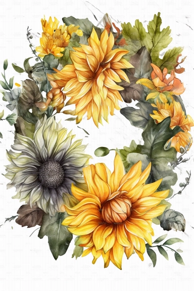 Halloween clipart, yellow chrysanthemum flower Delicate watercolor illustration, White background, Cozy, clear picture, 8k, hd, isolatee on a white background, Wreath, Frame Clip Art