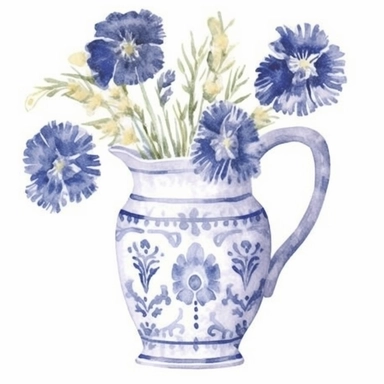 Design a dreamy watercolor clipart of frenchfarmhouse-inspired Cornflowers, daisies, and lisianthus arranged in a vintage ceramic pitcher composition, hand-painted with soft and graceful brushstrokes. Draw inspiration from the artistic finesse of Ethereal Petals Watercolors for a refined and ethereal depiction. isolated on a white background, hand-drawn illustration, hand-painted watercolor texture, 16k UHD resolution, intricately detailed, sharp focal points, designed by Ana Victoria Calderon a